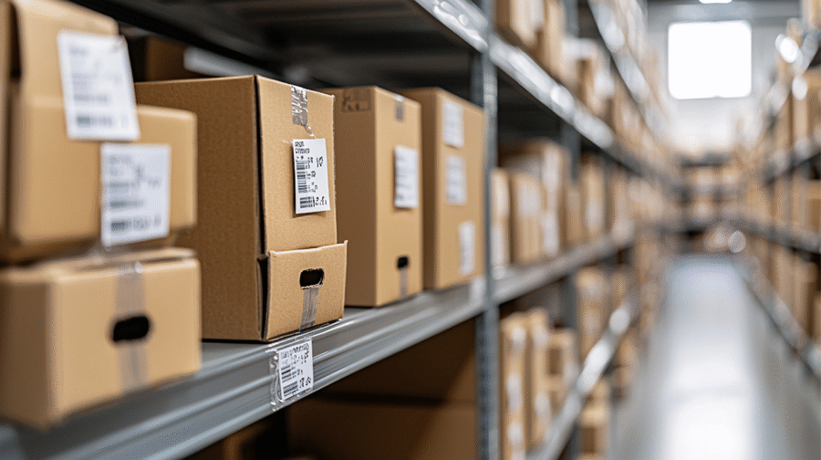 cardboard boxes arranged on warehouse shelves
